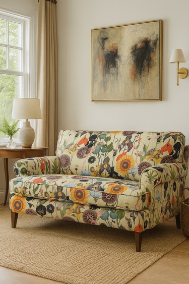 Floral-patterned sofa in a living room with abstract art and decor.